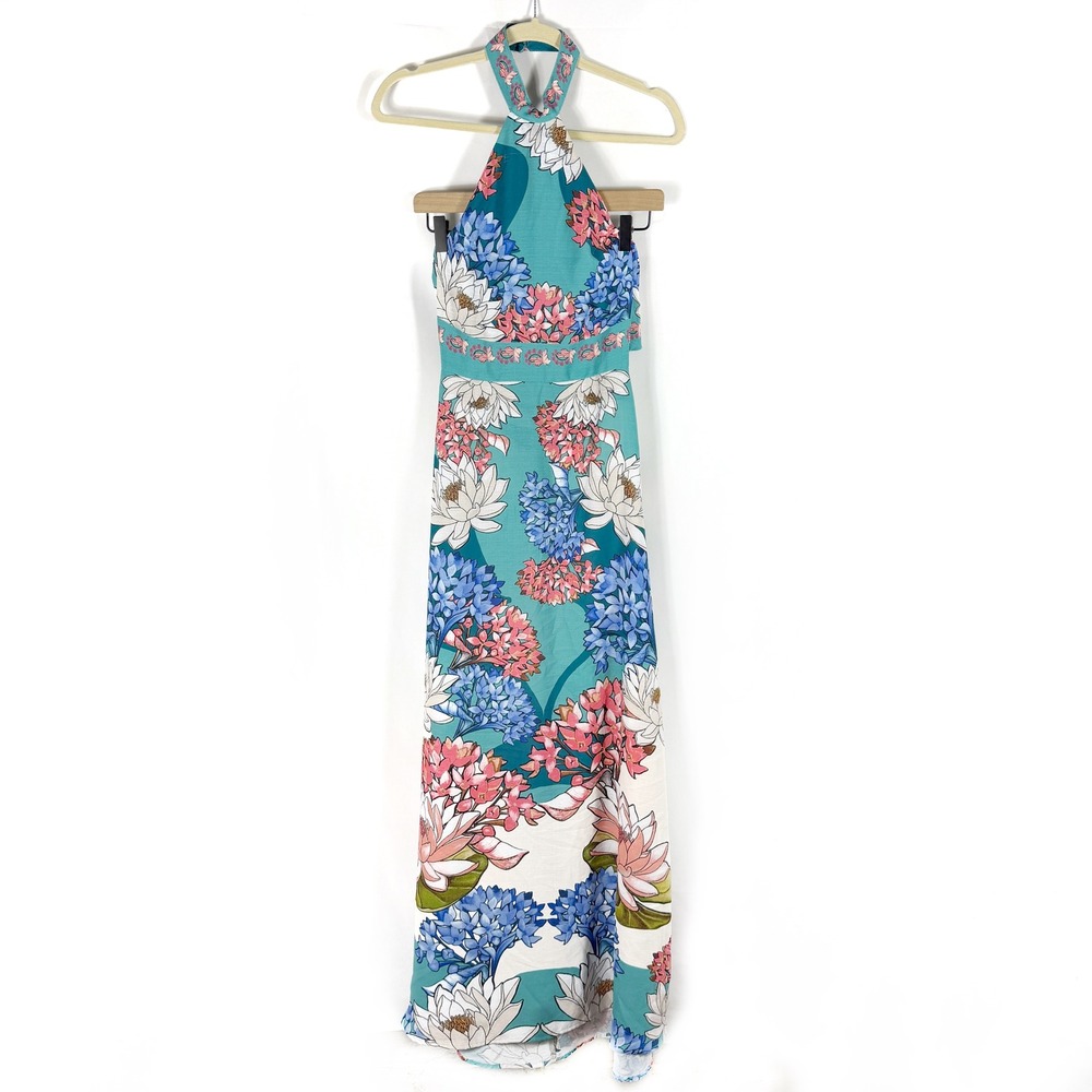 Agua Bendita x RTR Darmy Halter Maxi Dress Teal Floral Tropical Womens Size S